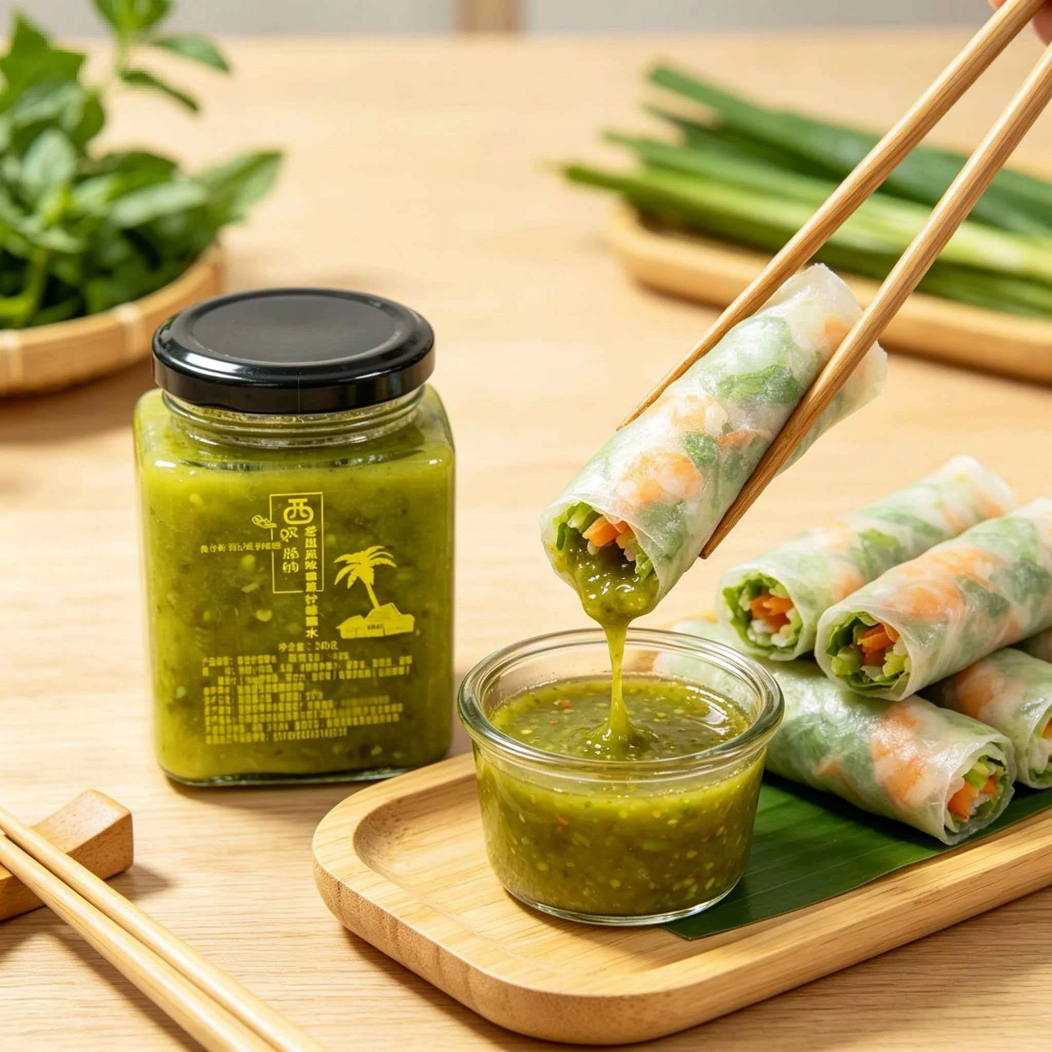 鲜虾春卷配香草蘸水食用搭配展示